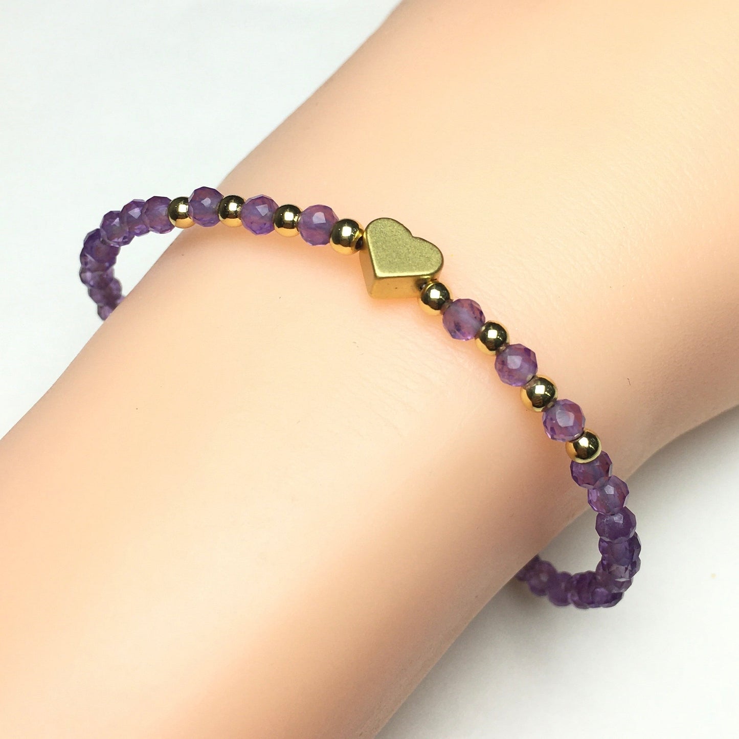 Purple Amethyst Gemstone Adjustable tiny Beads Gemstone Bracelet with Love Heart Charm