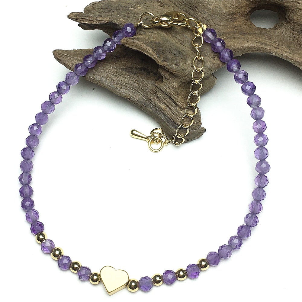 Purple Amethyst Gemstone Adjustable tiny Beads Gemstone Bracelet with Love Heart Charm