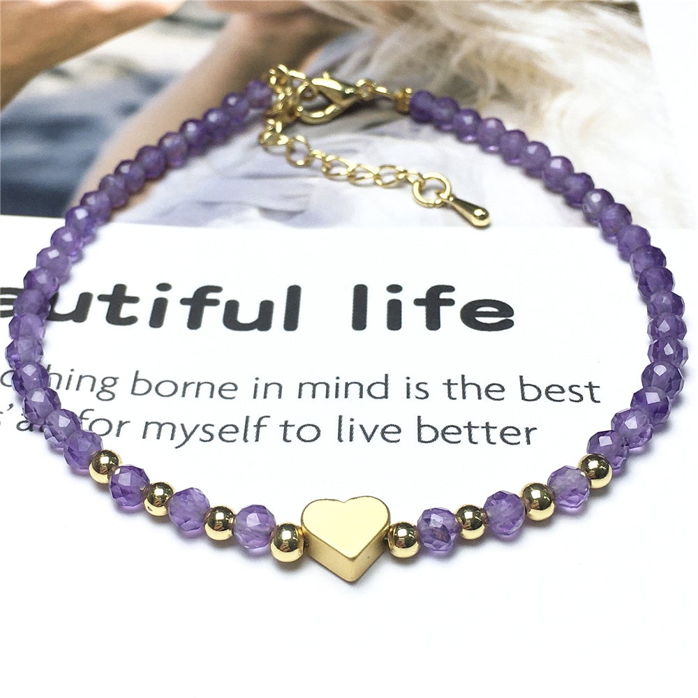 Purple Amethyst Gemstone Adjustable tiny Beads Gemstone Bracelet with Love Heart Charm