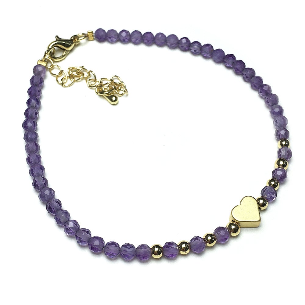 Purple Amethyst Gemstone Adjustable tiny Beads Gemstone Bracelet with Love Heart Charm