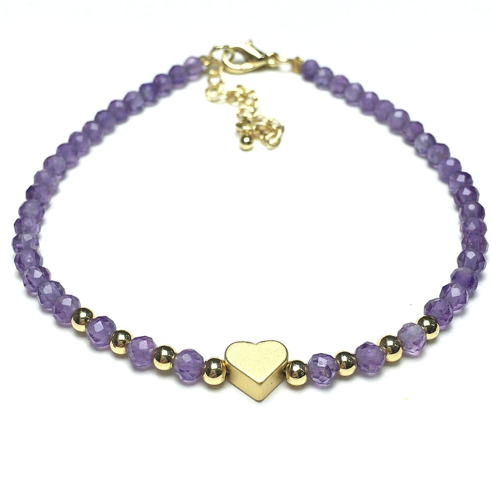 Purple Amethyst Gemstone Adjustable tiny Beads Gemstone Bracelet with Love Heart Charm