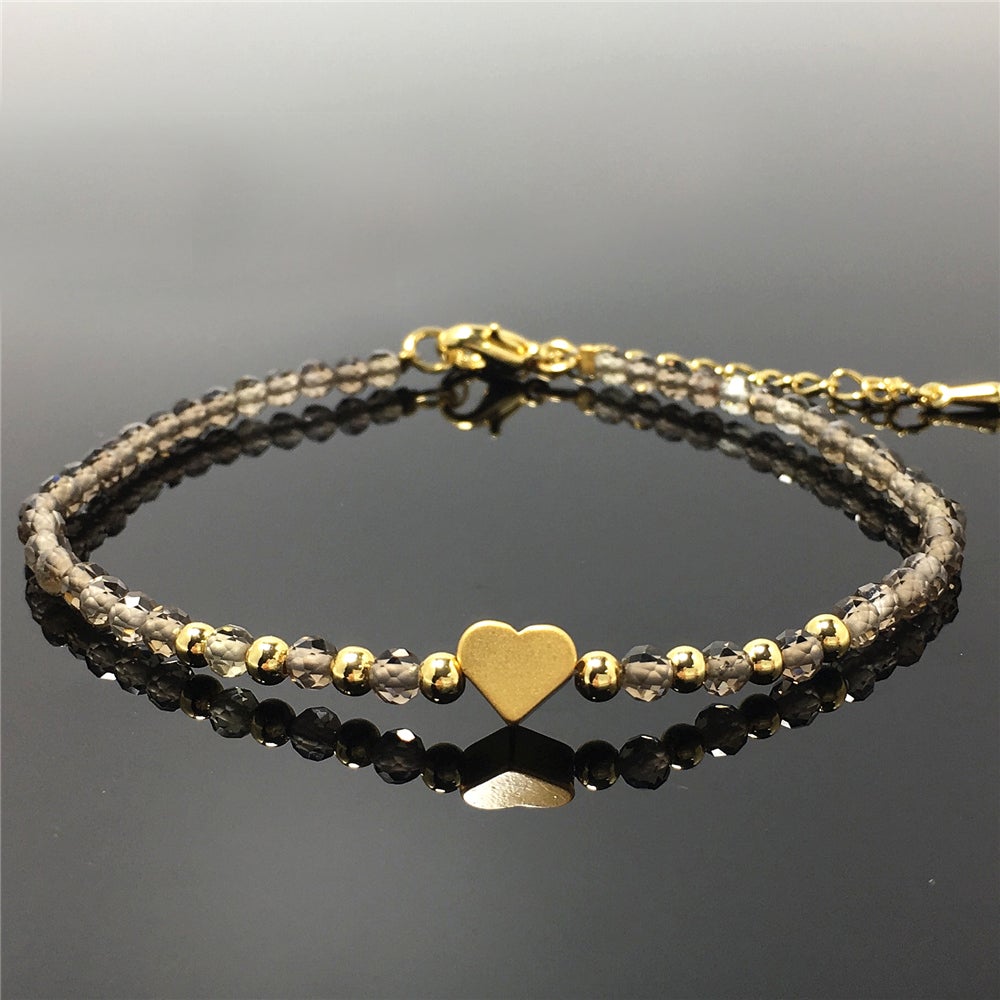 Smoky Quartz Gemstone Adjustable tiny Beads Gemstone Bracelet with Love Heart Charm