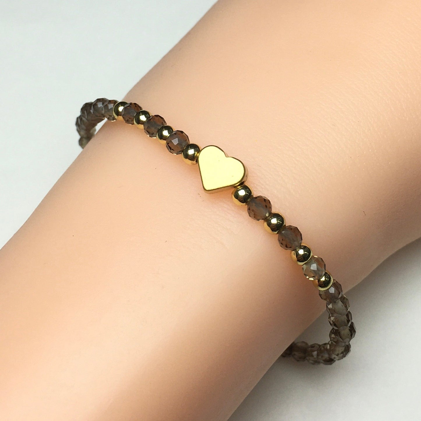 Smoky Quartz Gemstone Adjustable tiny Beads Gemstone Bracelet with Love Heart Charm