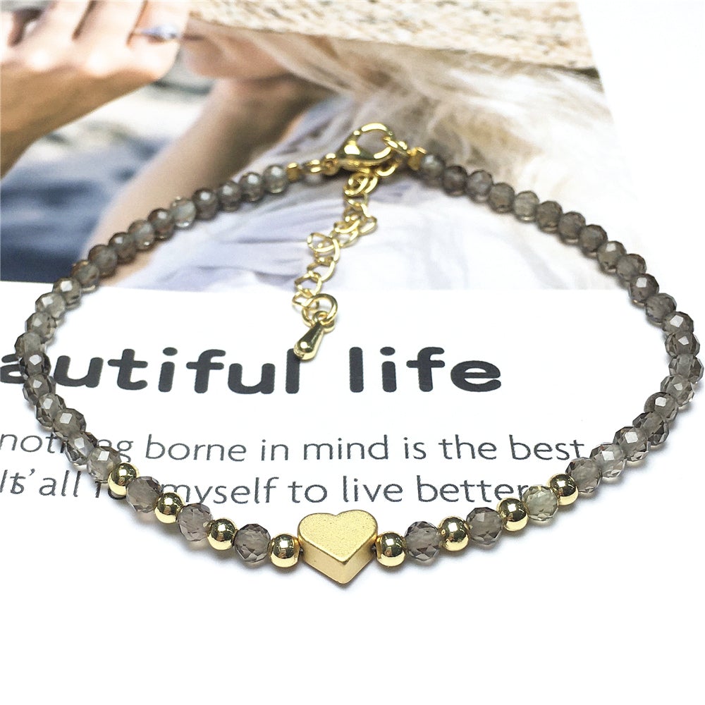 Smoky Quartz Gemstone Adjustable tiny Beads Gemstone Bracelet with Love Heart Charm