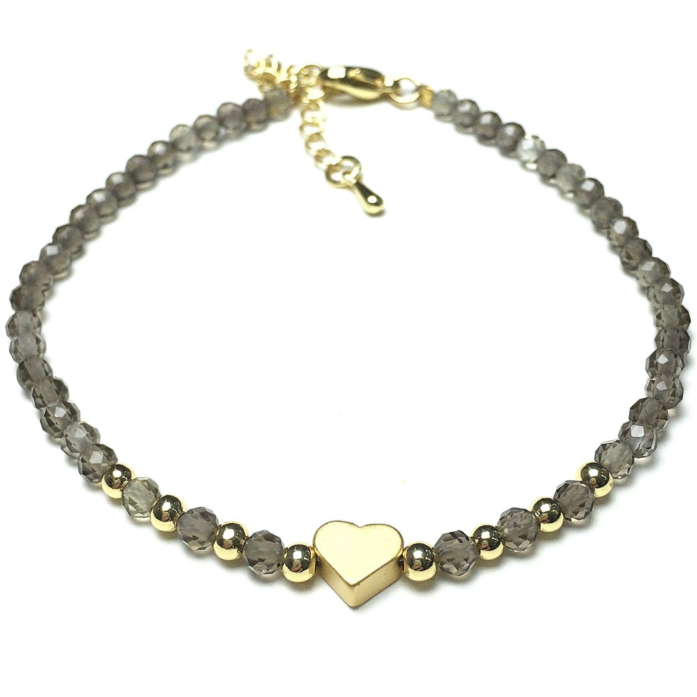 Smoky Quartz Gemstone Adjustable tiny Beads Gemstone Bracelet with Love Heart Charm