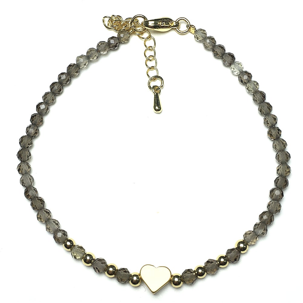 Smoky Quartz Gemstone Adjustable tiny Beads Gemstone Bracelet with Love Heart Charm