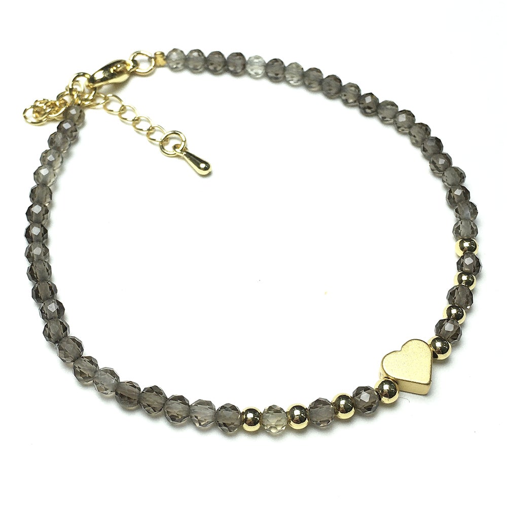 Smoky Quartz Gemstone Adjustable tiny Beads Gemstone Bracelet with Love Heart Charm