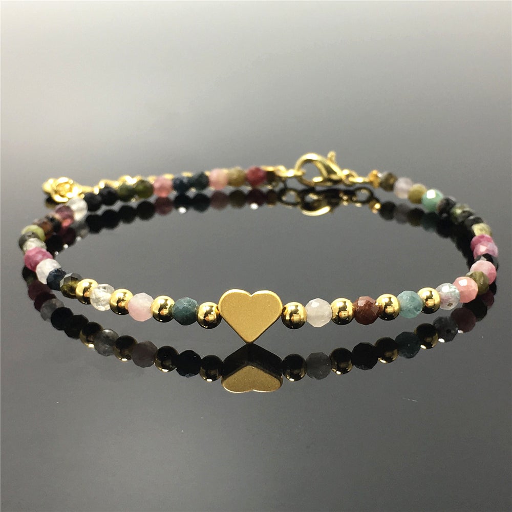 Tourmaline Gemstone Adjustable tiny Beads Gemstone Bracelet with Love Heart Charm