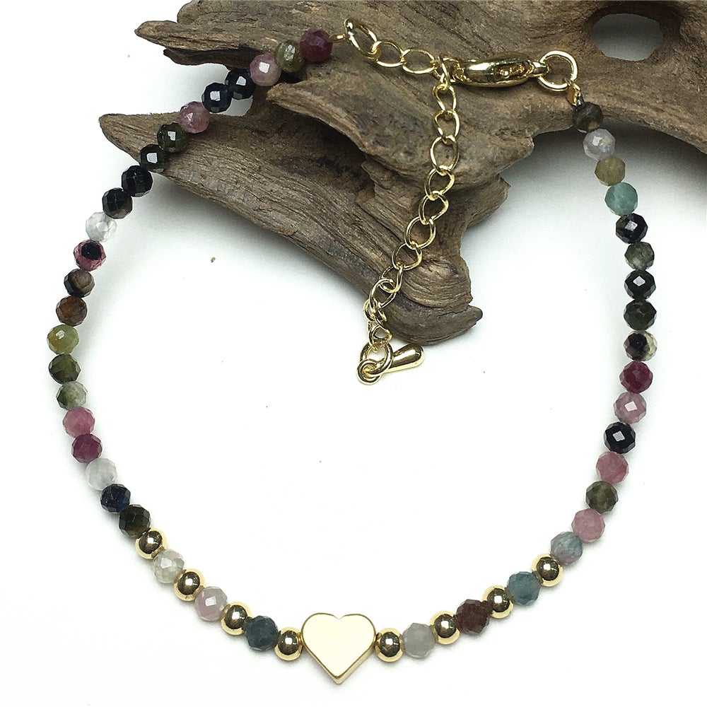 Tourmaline Gemstone Adjustable tiny Beads Gemstone Bracelet with Love Heart Charm