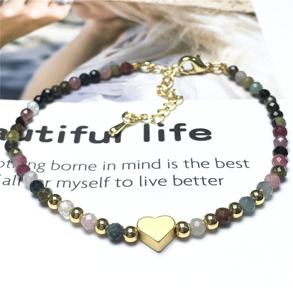 Tourmaline Gemstone Adjustable tiny Beads Gemstone Bracelet with Love Heart Charm