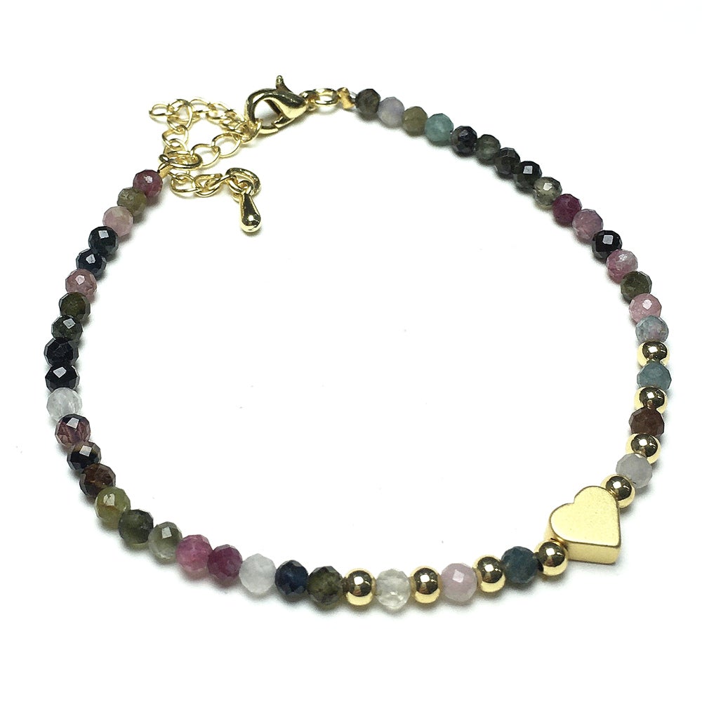 Tourmaline Gemstone Adjustable tiny Beads Gemstone Bracelet with Love Heart Charm