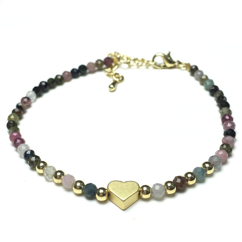 Tourmaline Gemstone Adjustable tiny Beads Gemstone Bracelet with Love Heart Charm