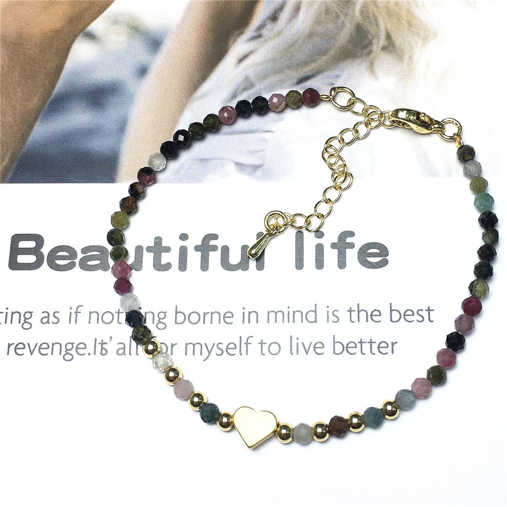 Tourmaline Gemstone Adjustable tiny Beads Gemstone Bracelet with Love Heart Charm