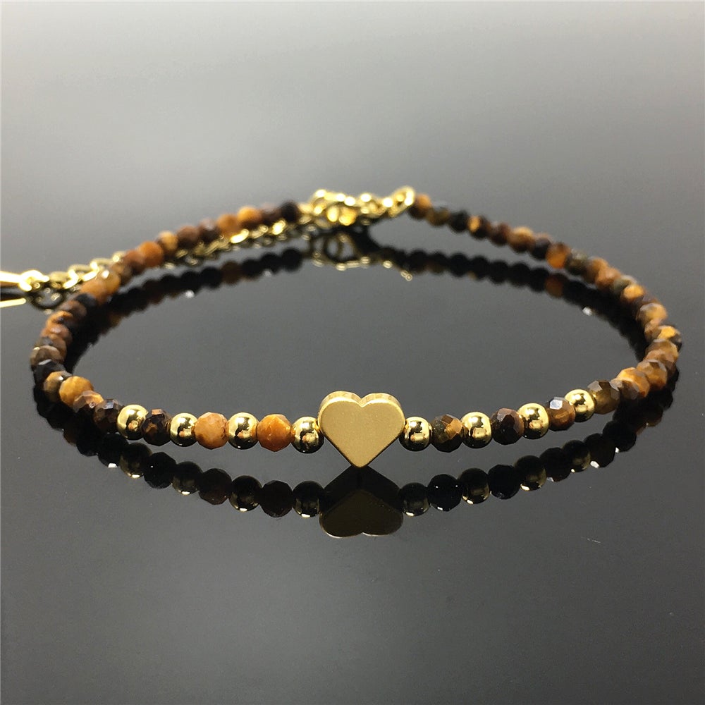 Tiger Eyes Gemstone Adjustable Tiny Beads Gemstone Bracelet with Love Heart Charm