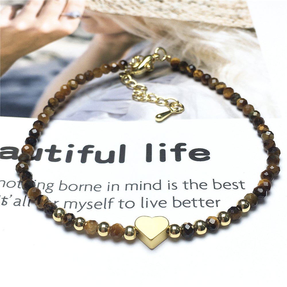 Tiger Eyes Gemstone Adjustable Tiny Beads Gemstone Bracelet with Love Heart Charm