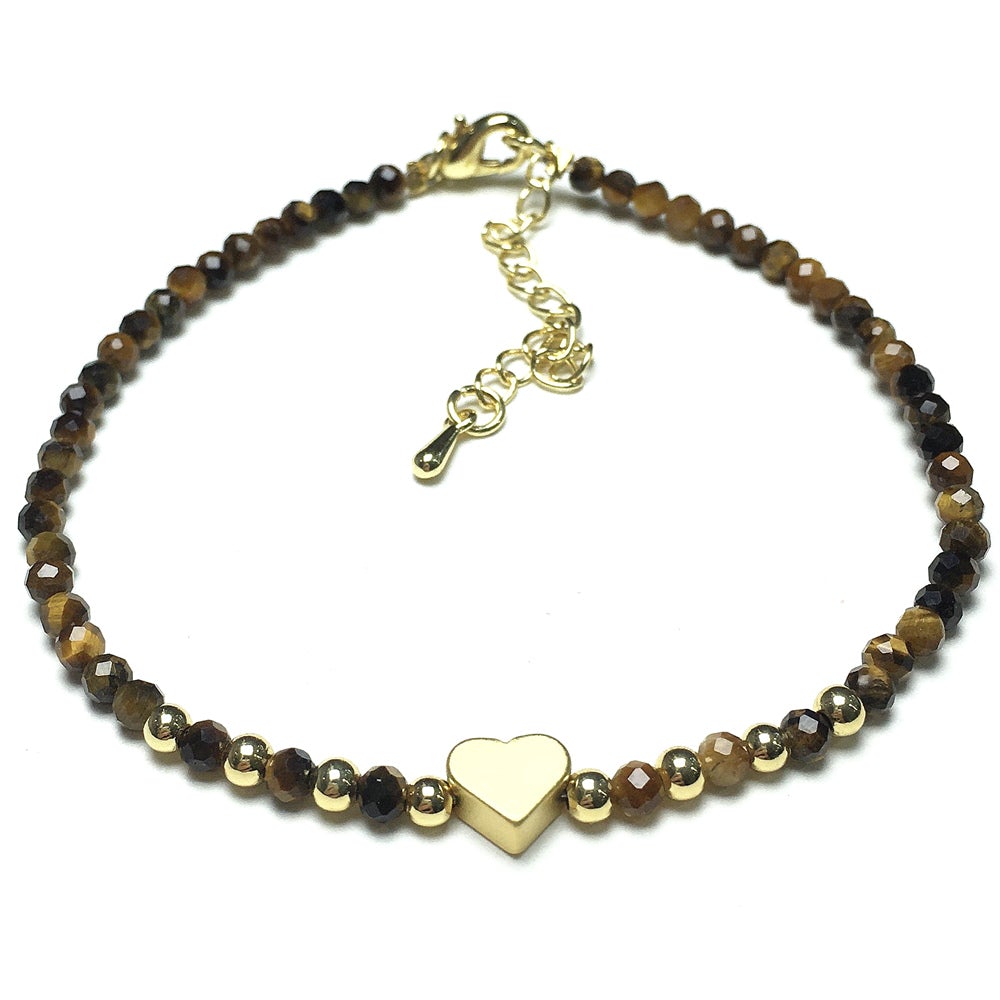 Tiger Eyes Gemstone Adjustable Tiny Beads Gemstone Bracelet with Love Heart Charm