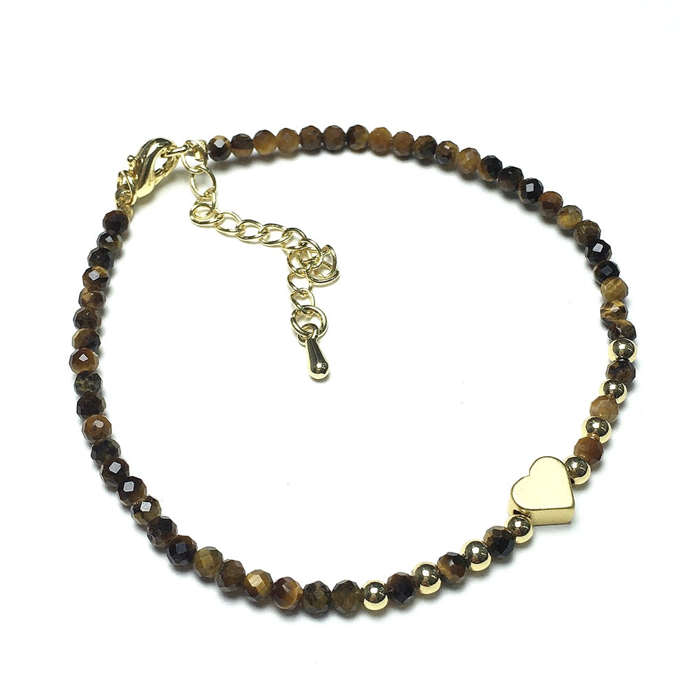 Tiger Eyes Gemstone Adjustable Tiny Beads Gemstone Bracelet with Love Heart Charm