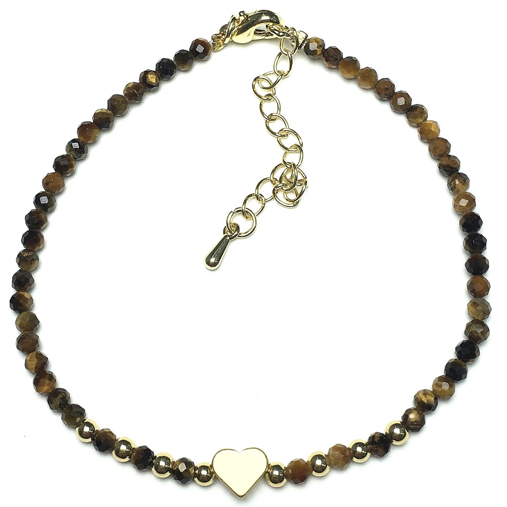 Tiger Eyes Gemstone Adjustable Tiny Beads Gemstone Bracelet with Love Heart Charm