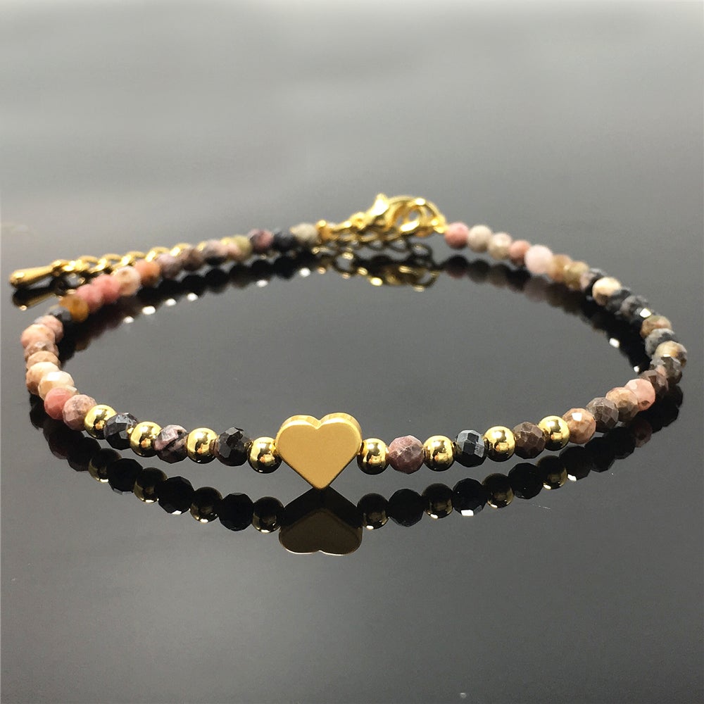 Pink Rhodonite Gemstone Adjustable Tiny Beads Gemstone Bracelet with Love Heart Charm