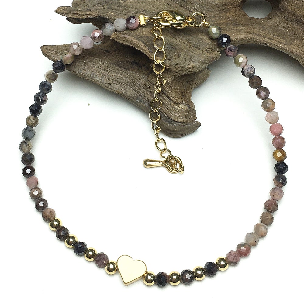 Pink Rhodonite Gemstone Adjustable Tiny Beads Gemstone Bracelet with Love Heart Charm