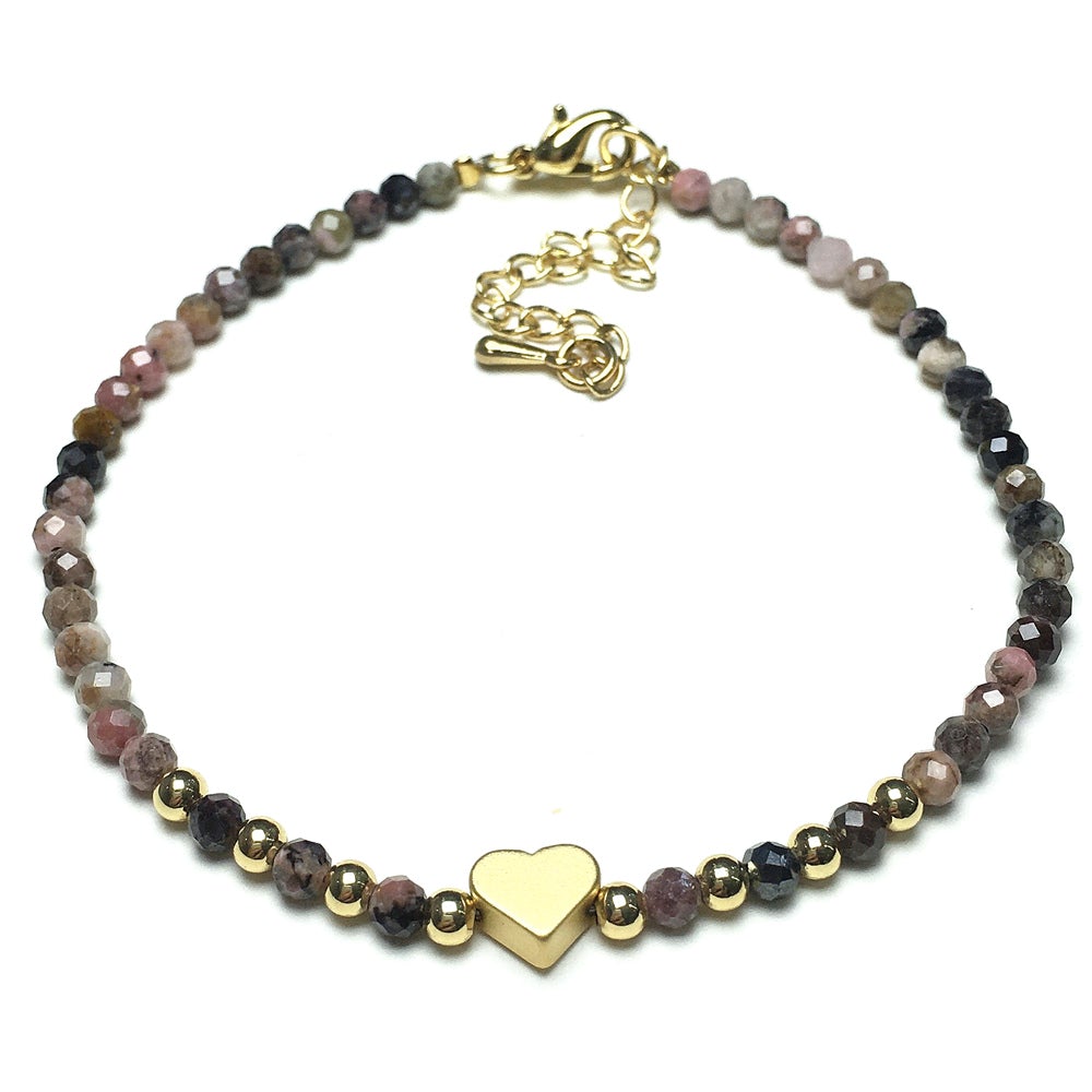 Pink Rhodonite Gemstone Adjustable Tiny Beads Gemstone Bracelet with Love Heart Charm