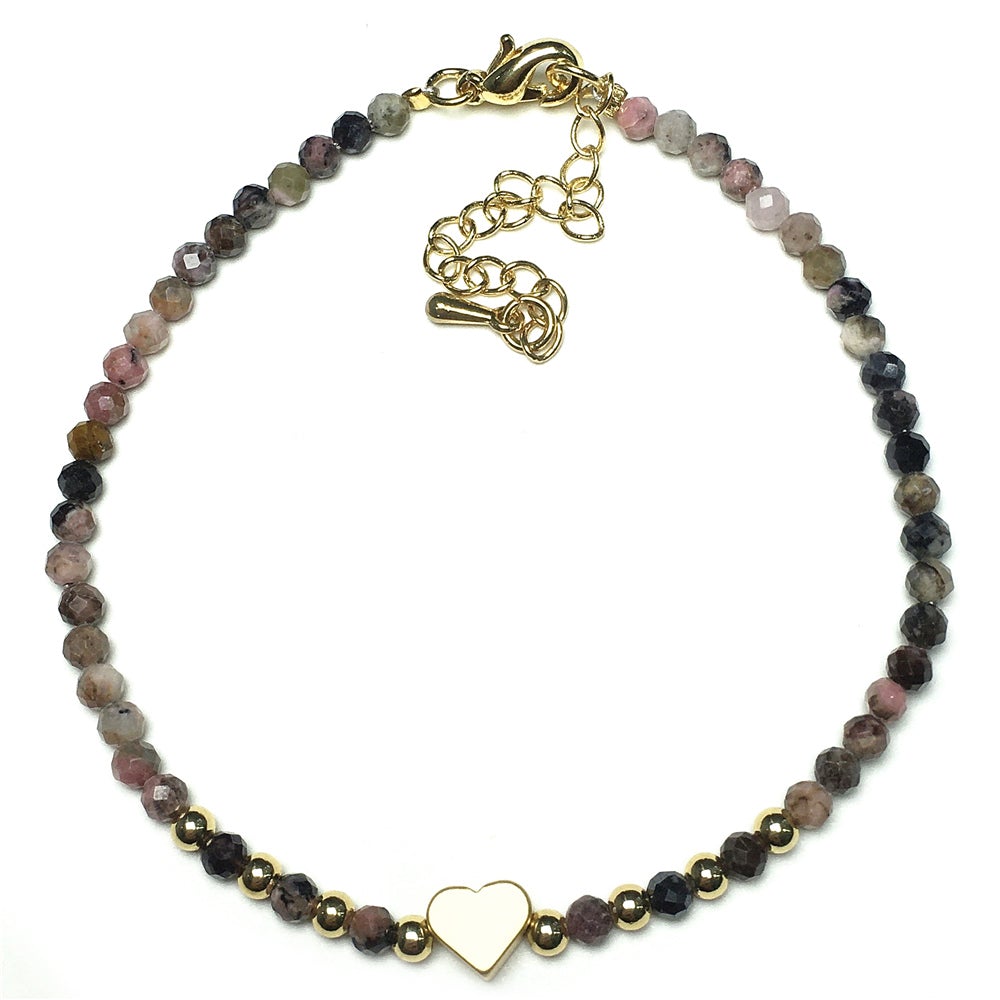 Pink Rhodonite Gemstone Adjustable Tiny Beads Gemstone Bracelet with Love Heart Charm