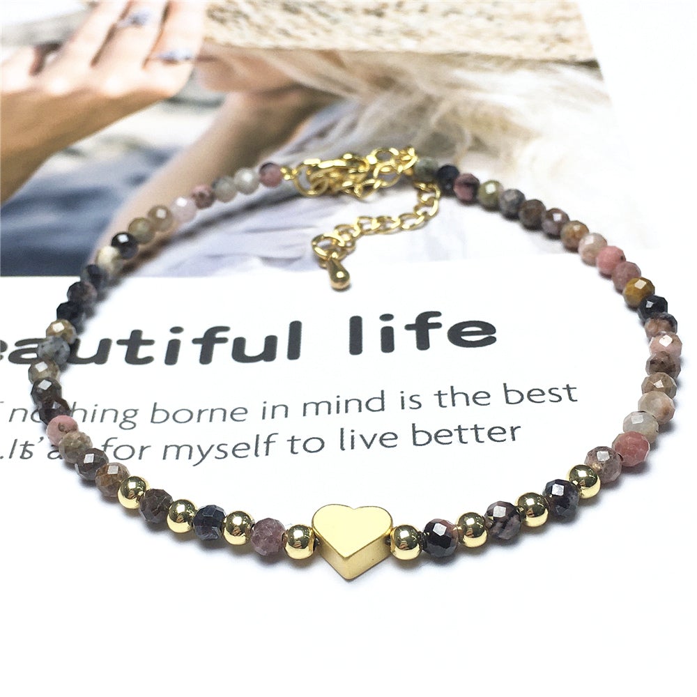 Pink Rhodonite Gemstone Adjustable Tiny Beads Gemstone Bracelet with Love Heart Charm