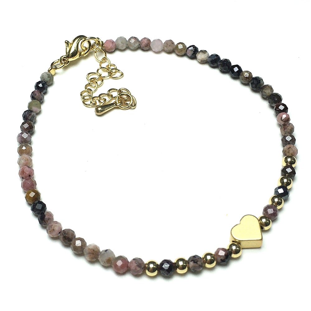 Pink Rhodonite Gemstone Adjustable Tiny Beads Gemstone Bracelet with Love Heart Charm