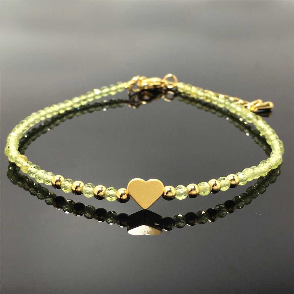 Peridot Gemstone Adjustable Tiny Beads Gemstone Bracelet with Love Heart Charm