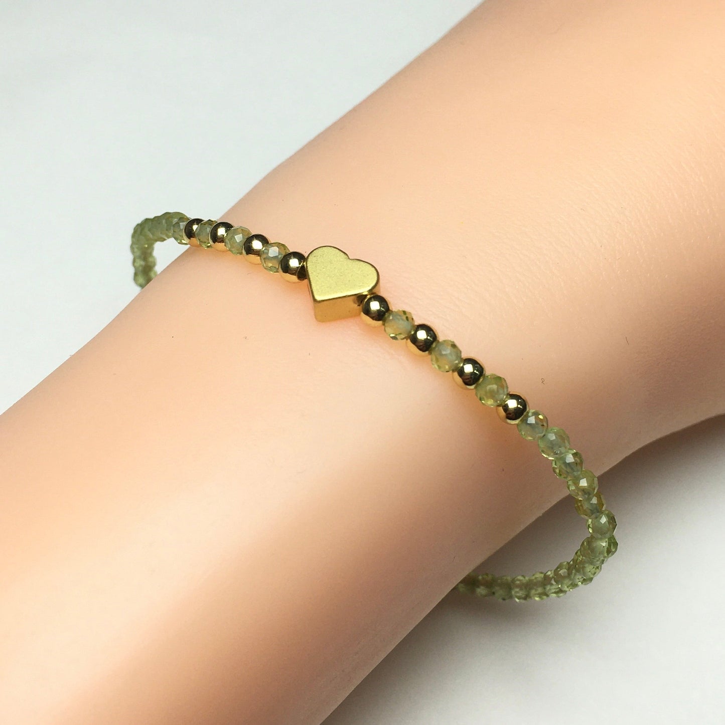 Peridot Gemstone Adjustable Tiny Beads Gemstone Bracelet with Love Heart Charm