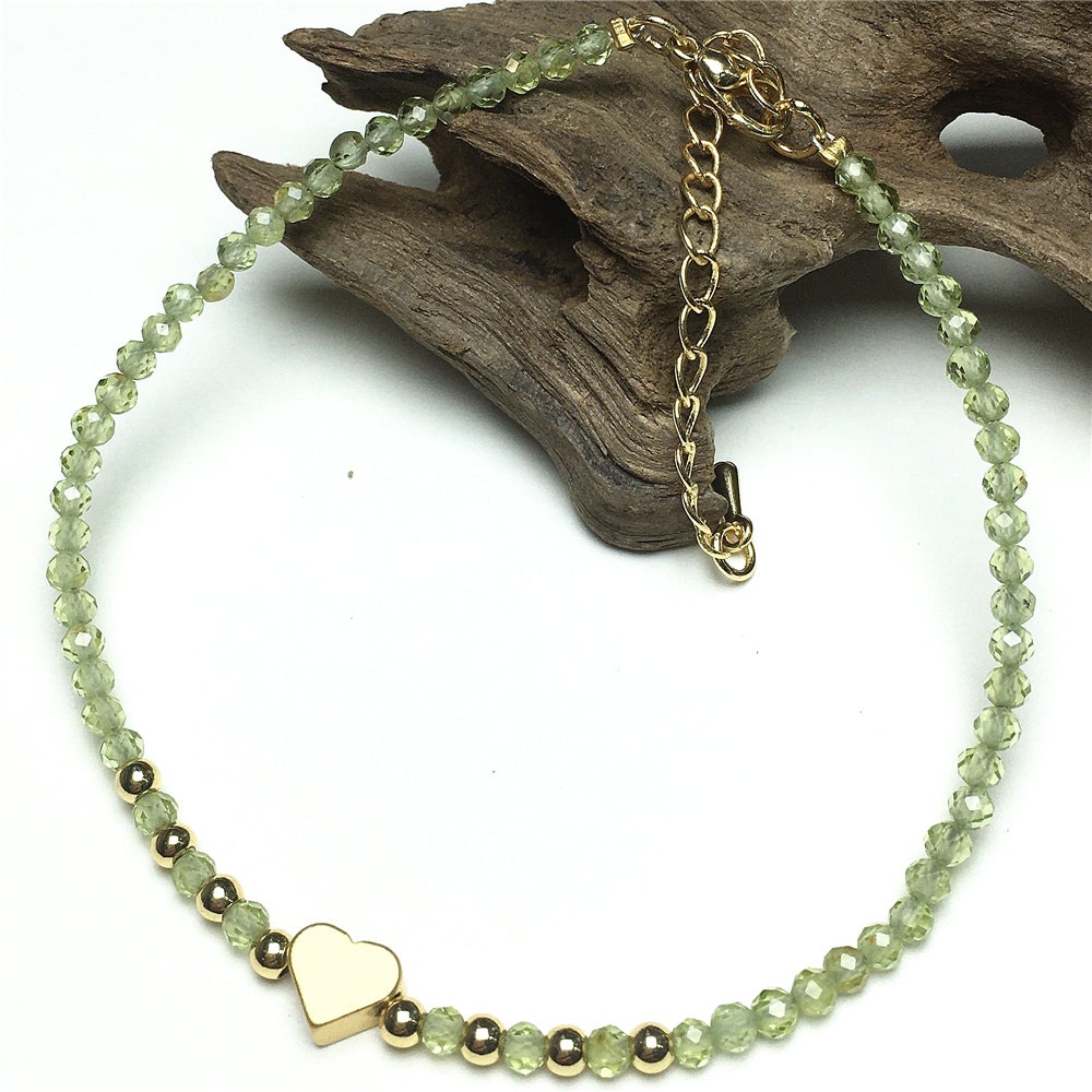 Peridot Gemstone Adjustable Tiny Beads Gemstone Bracelet with Love Heart Charm