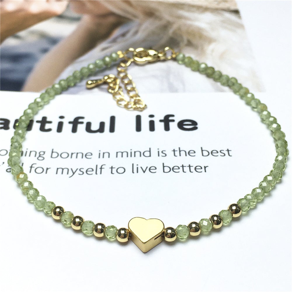 Peridot Gemstone Adjustable Tiny Beads Gemstone Bracelet with Love Heart Charm