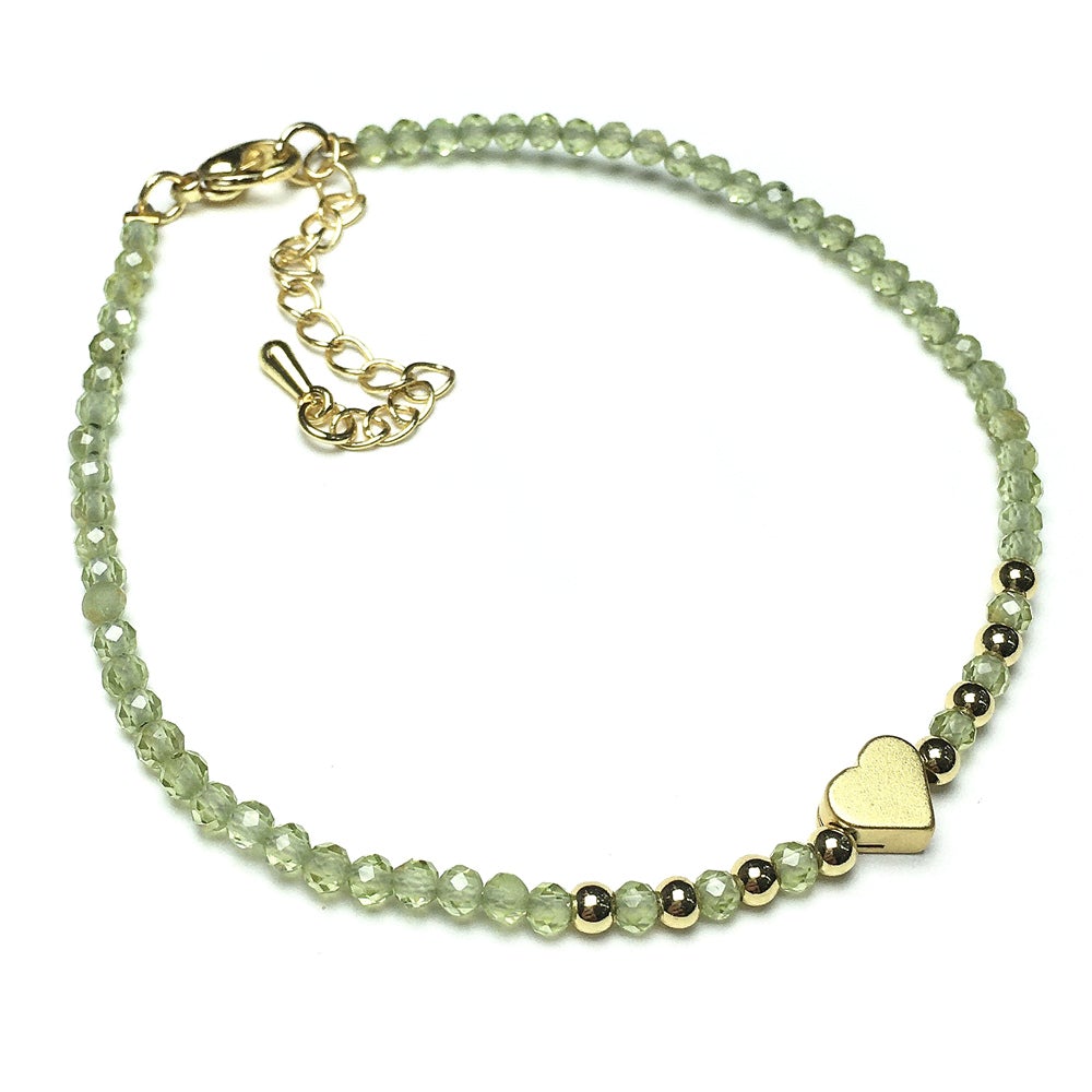 Peridot Gemstone Adjustable Tiny Beads Gemstone Bracelet with Love Heart Charm