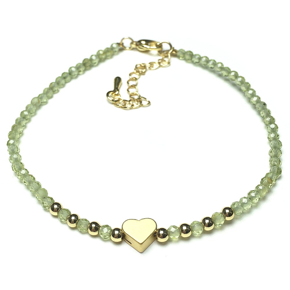 Peridot Gemstone Adjustable Tiny Beads Gemstone Bracelet with Love Heart Charm