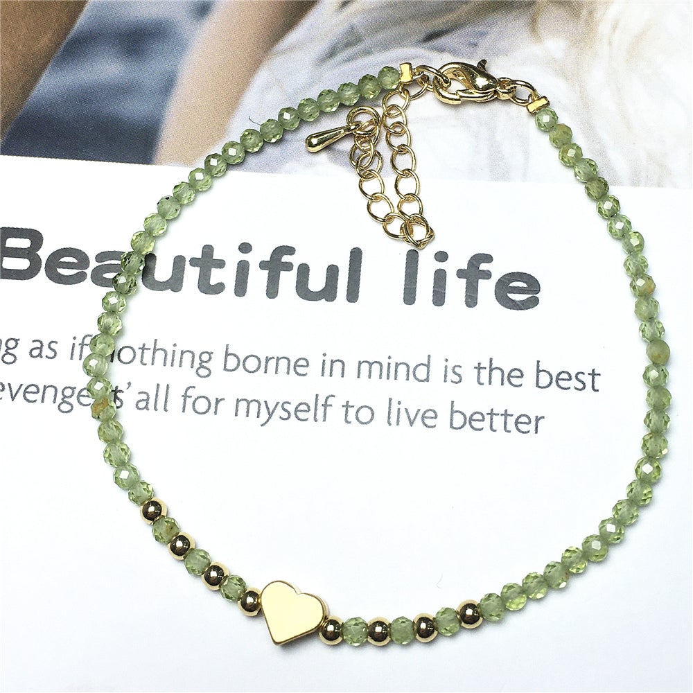 Peridot Gemstone Adjustable Tiny Beads Gemstone Bracelet with Love Heart Charm