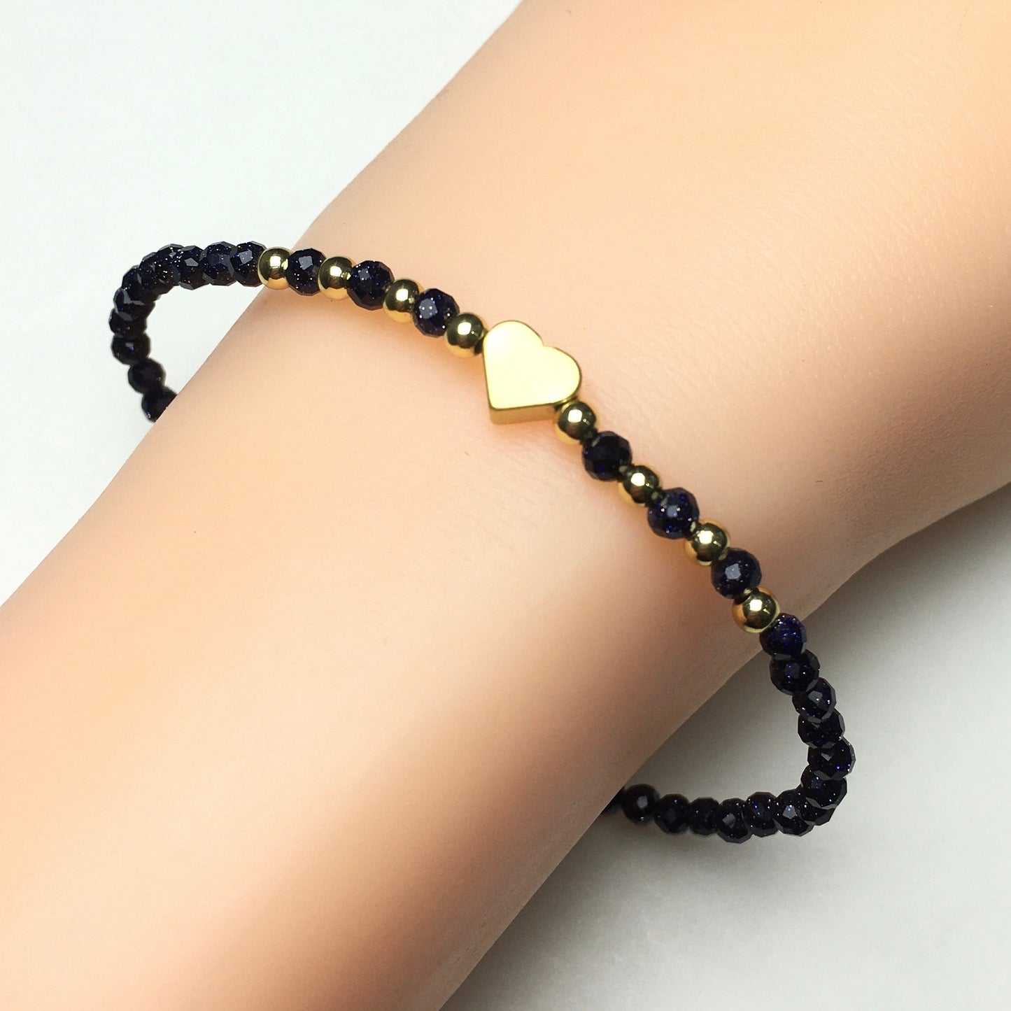 Blue Sandstone Gemstone Adjustable Tiny Beads Gemstone Bracelet with Love Heart Charm