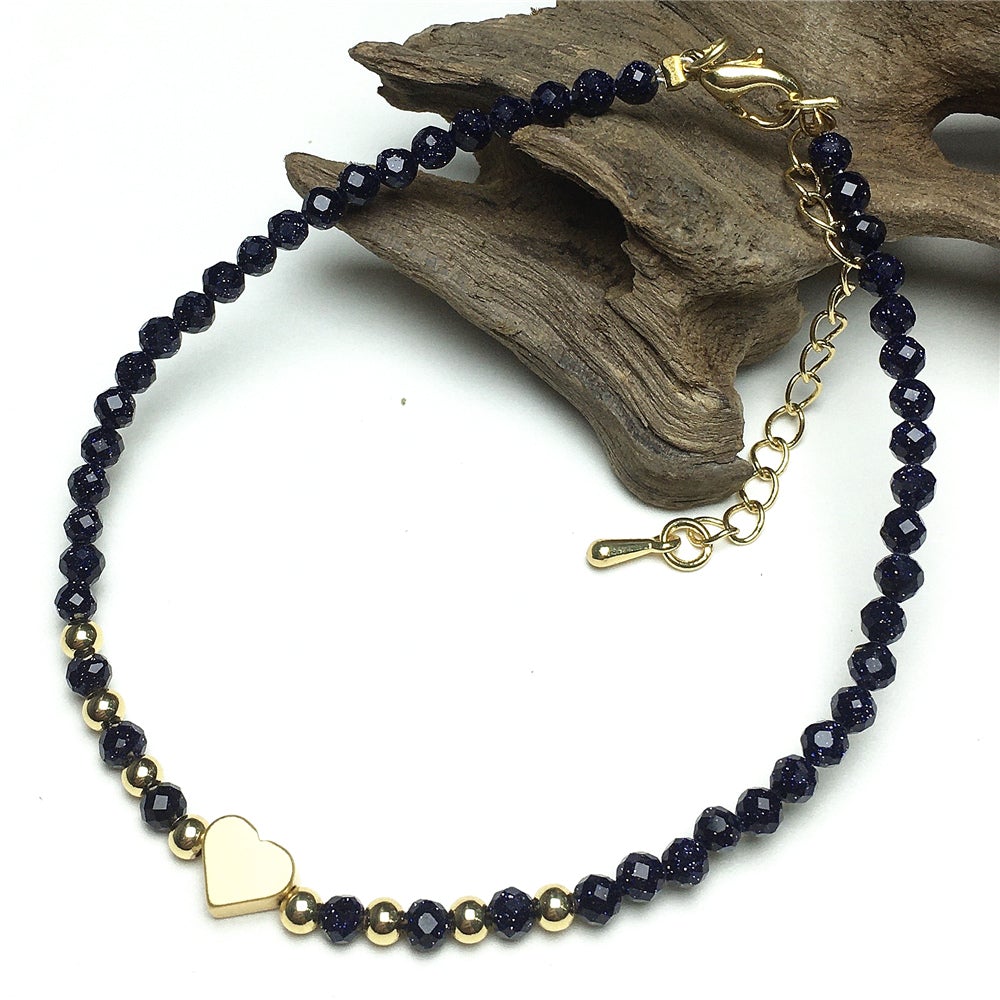 Blue Sandstone Gemstone Adjustable Tiny Beads Gemstone Bracelet with Love Heart Charm