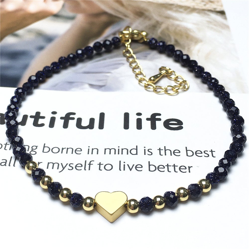 Blue Sandstone Gemstone Adjustable Tiny Beads Gemstone Bracelet with Love Heart Charm