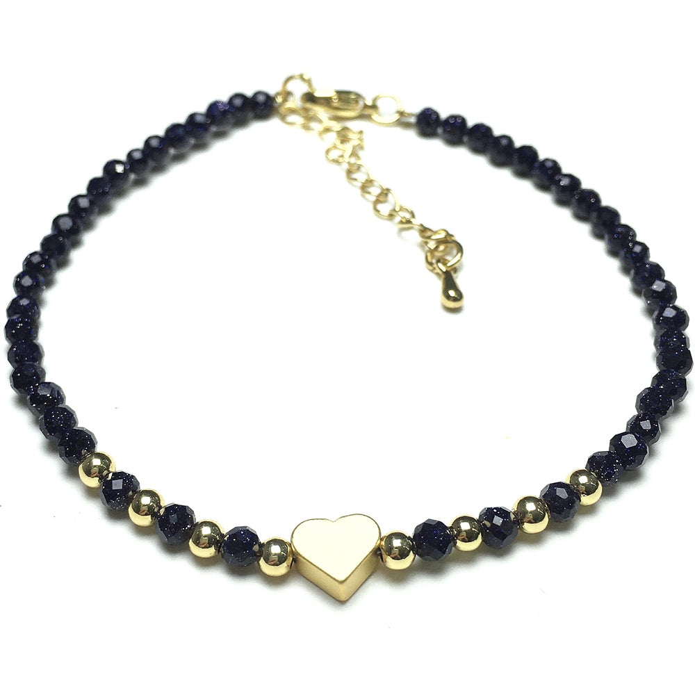 Blue Sandstone Gemstone Adjustable Tiny Beads Gemstone Bracelet with Love Heart Charm