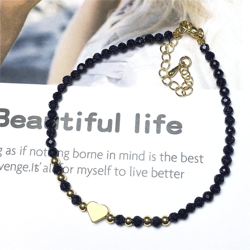 Blue Sandstone Gemstone Adjustable Tiny Beads Gemstone Bracelet with Love Heart Charm