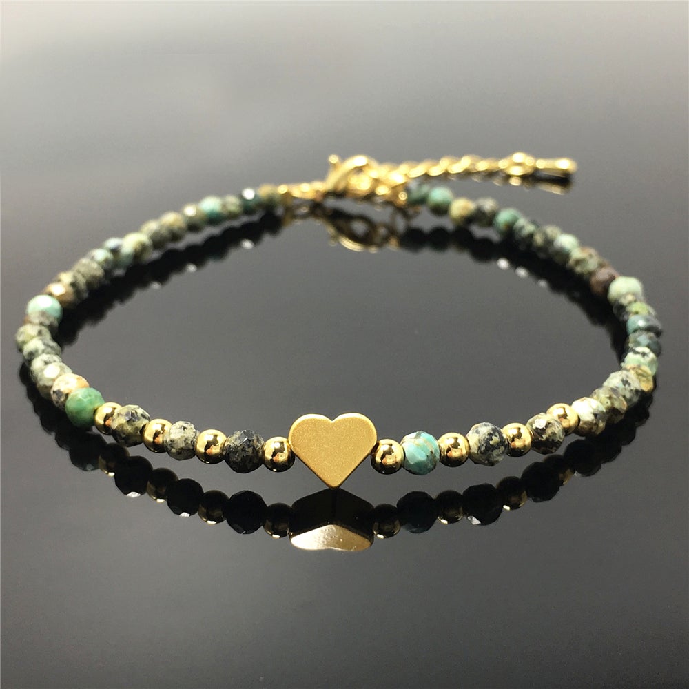 African Turquoise Gemstone Adjustable Tiny Beads Gemstone Bracelet with Love Heart Charm