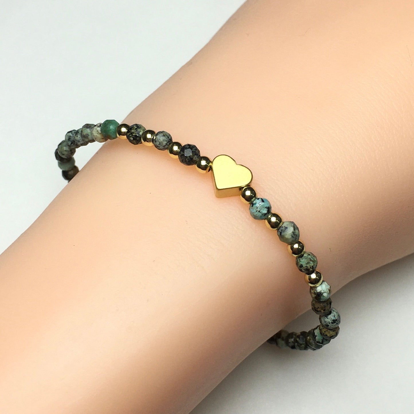 African Turquoise Gemstone Adjustable Tiny Beads Gemstone Bracelet with Love Heart Charm