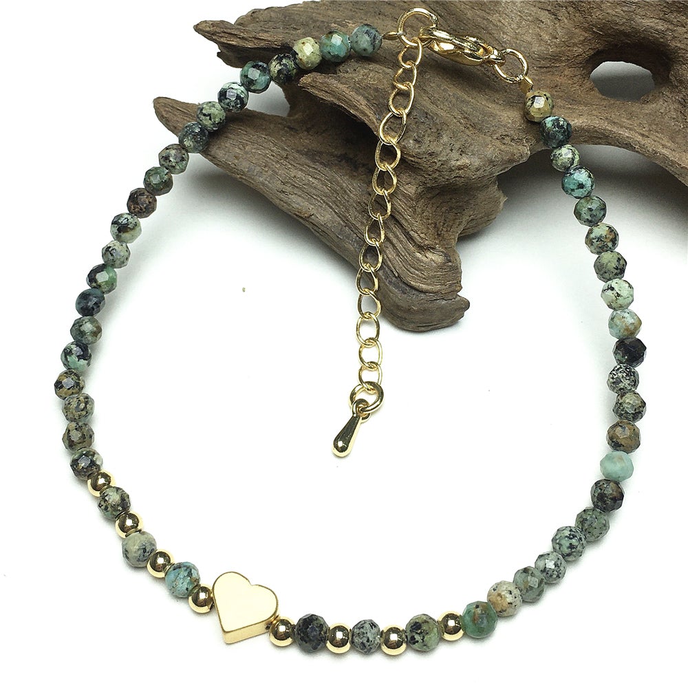 African Turquoise Gemstone Adjustable Tiny Beads Gemstone Bracelet with Love Heart Charm