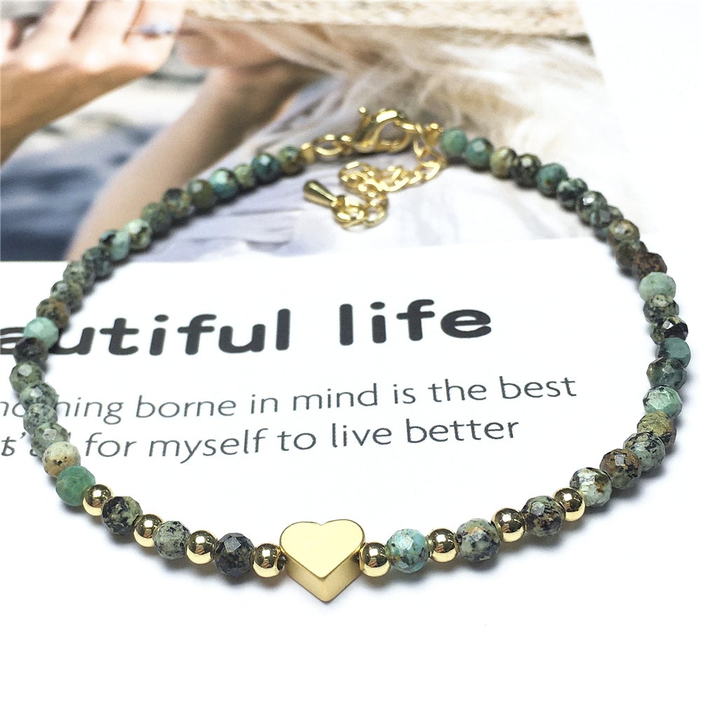 African Turquoise Gemstone Adjustable Tiny Beads Gemstone Bracelet with Love Heart Charm