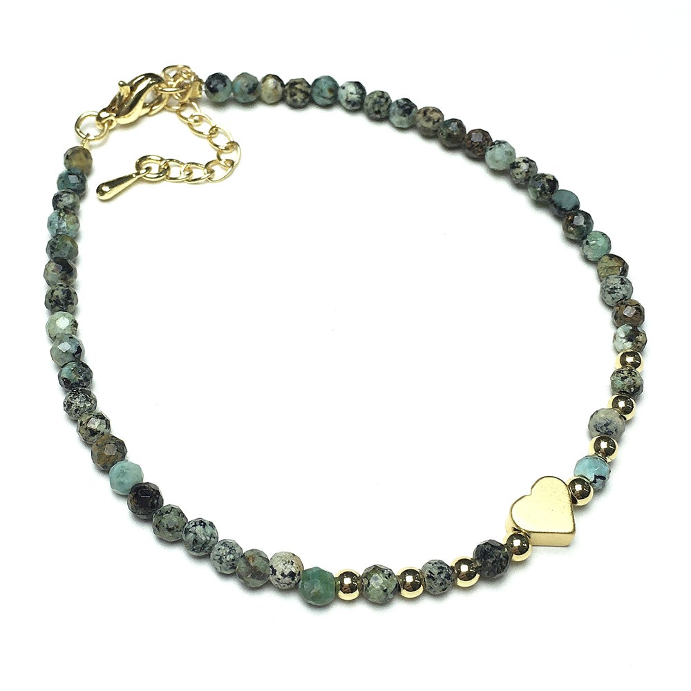 African Turquoise Gemstone Adjustable Tiny Beads Gemstone Bracelet with Love Heart Charm