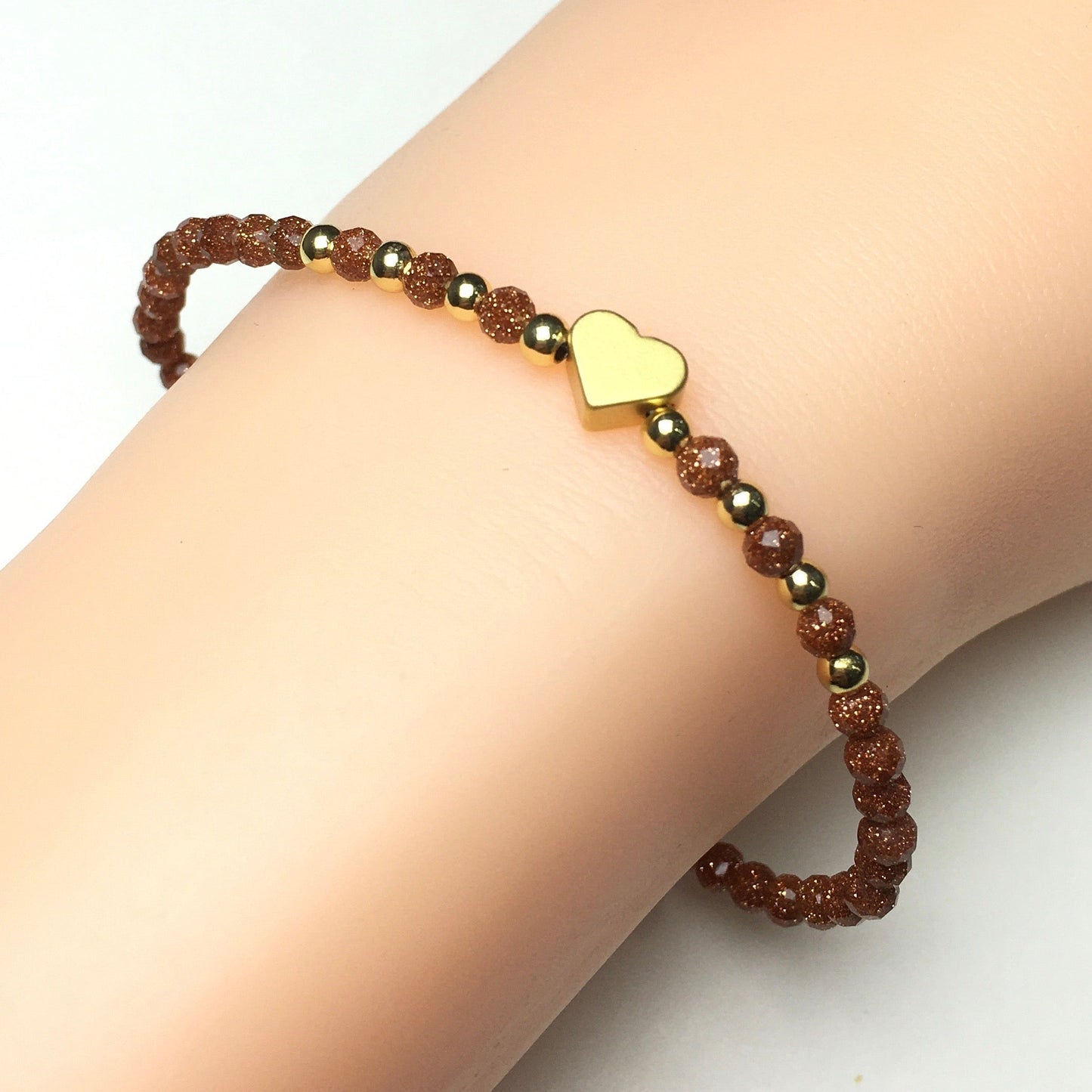 Gold Sandstone Gemstone Adjustable Tiny Beads Gemstone Bracelet with Love Heart Charm