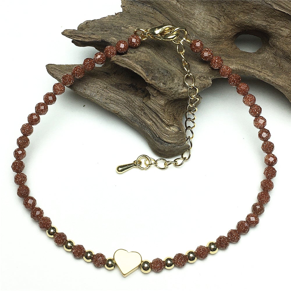 Gold Sandstone Gemstone Adjustable Tiny Beads Gemstone Bracelet with Love Heart Charm