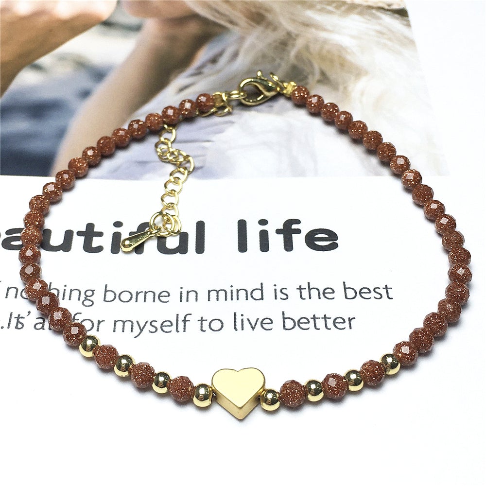 Gold Sandstone Gemstone Adjustable Tiny Beads Gemstone Bracelet with Love Heart Charm