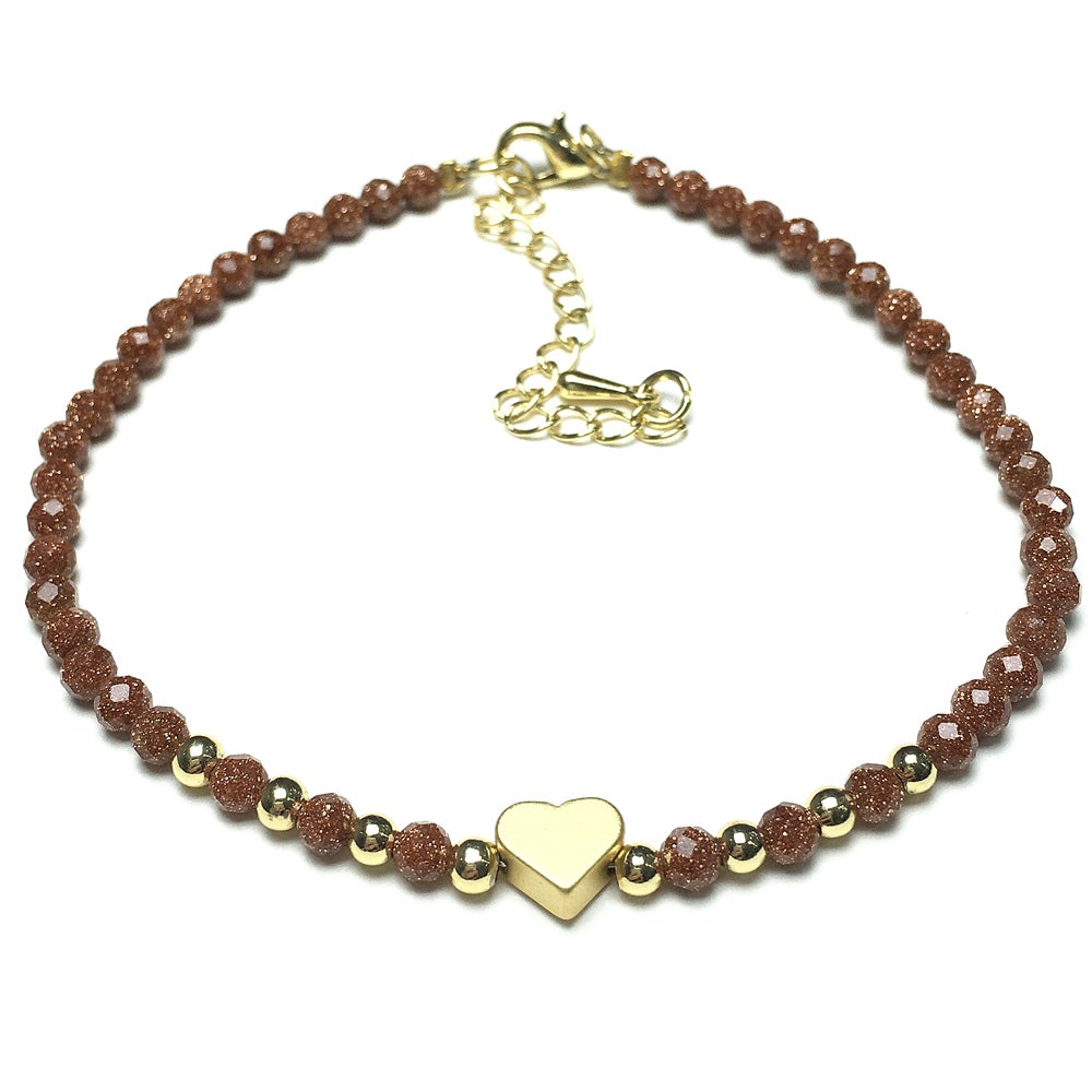 Gold Sandstone Gemstone Adjustable Tiny Beads Gemstone Bracelet with Love Heart Charm