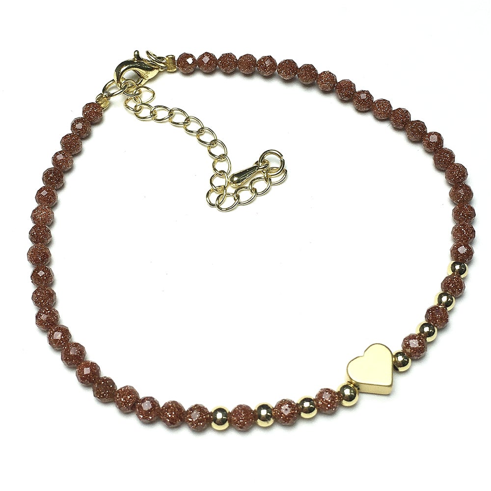 Gold Sandstone Gemstone Adjustable Tiny Beads Gemstone Bracelet with Love Heart Charm